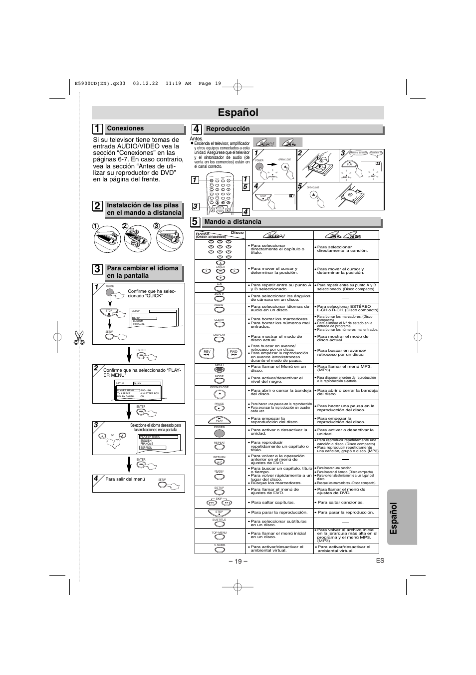 Español, Conexiones, Para cambiar el idioma en la pantalla | Reproducción, Mando a distancia, Instalación de las pilas en el mando a distancia | Emerson EWD7004 User Manual | Page 19 / 20