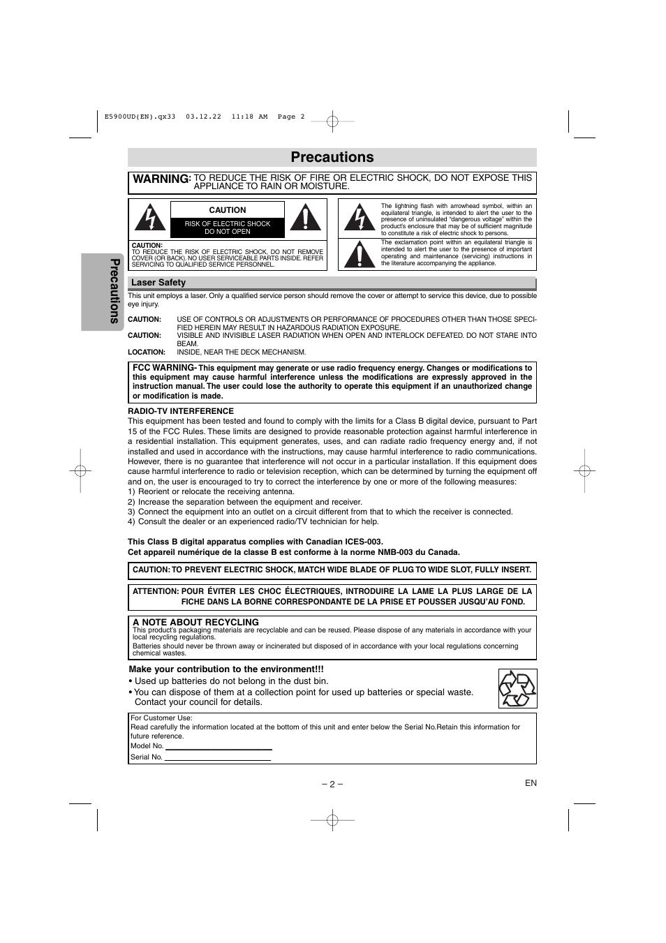 Precautions, Warning | Emerson EWD7004 User Manual | Page 2 / 20