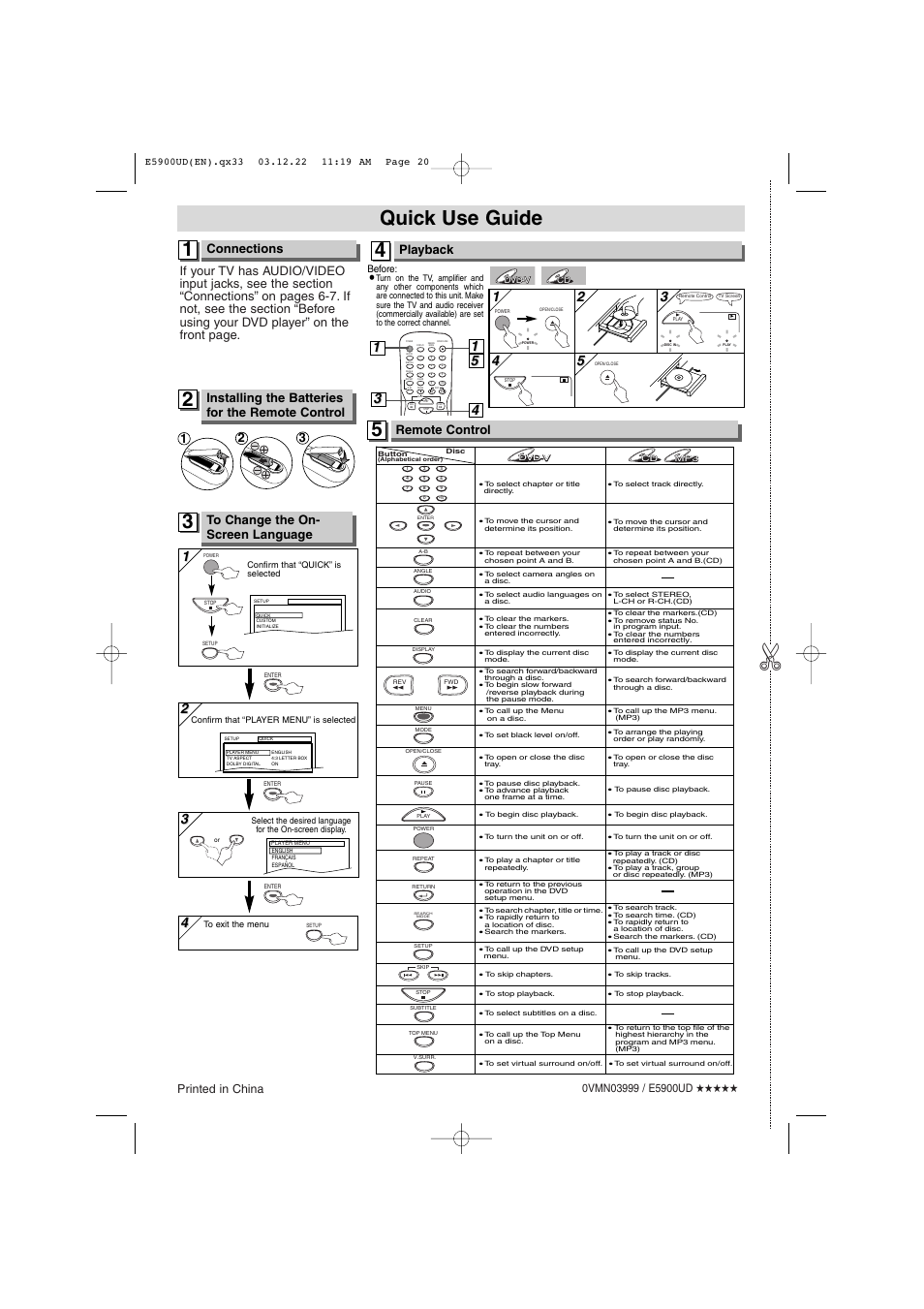 Quick use guide, Connections, Playback | Remote control, Installing the batteries for the remote control, Printed in china | Emerson EWD7004 User Manual | Page 20 / 20