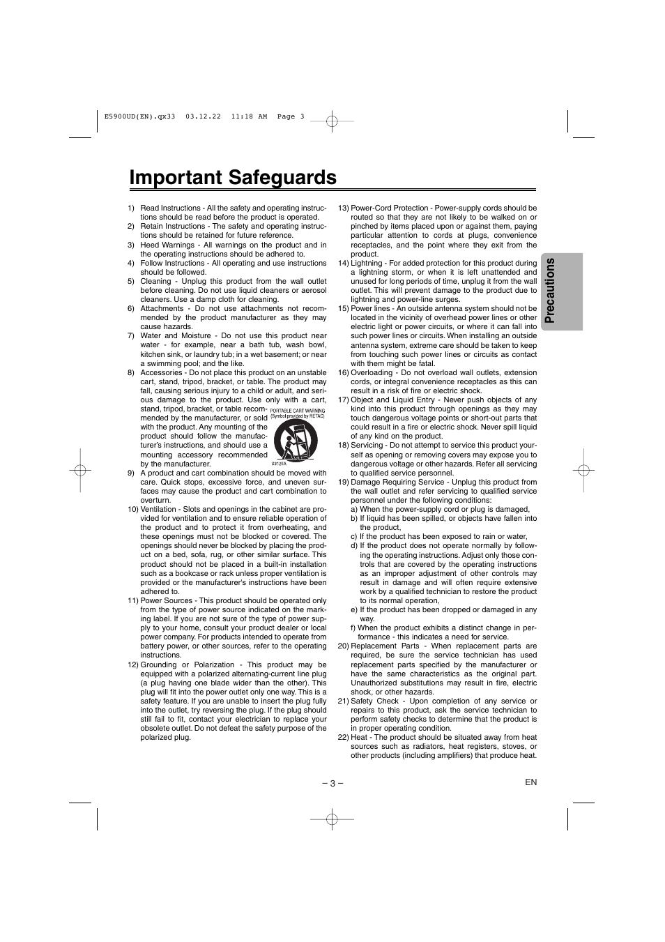 Important safeguards, Precautions | Emerson EWD7004 User Manual | Page 3 / 20