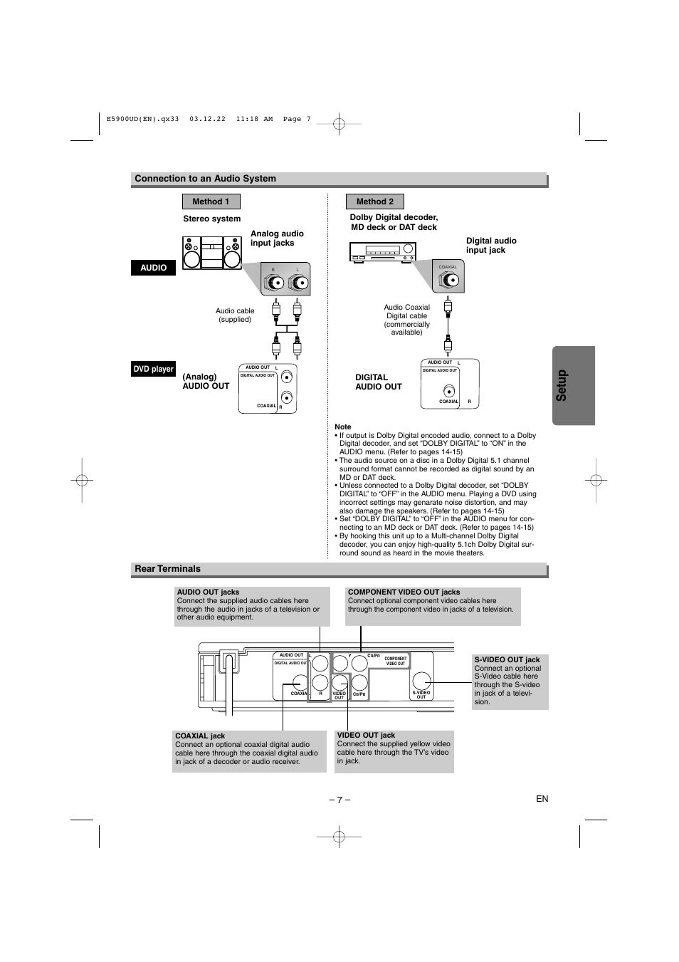 Setup, Rear terminals, Connection to an audio system | Emerson EWD7004 User Manual | Page 7 / 20