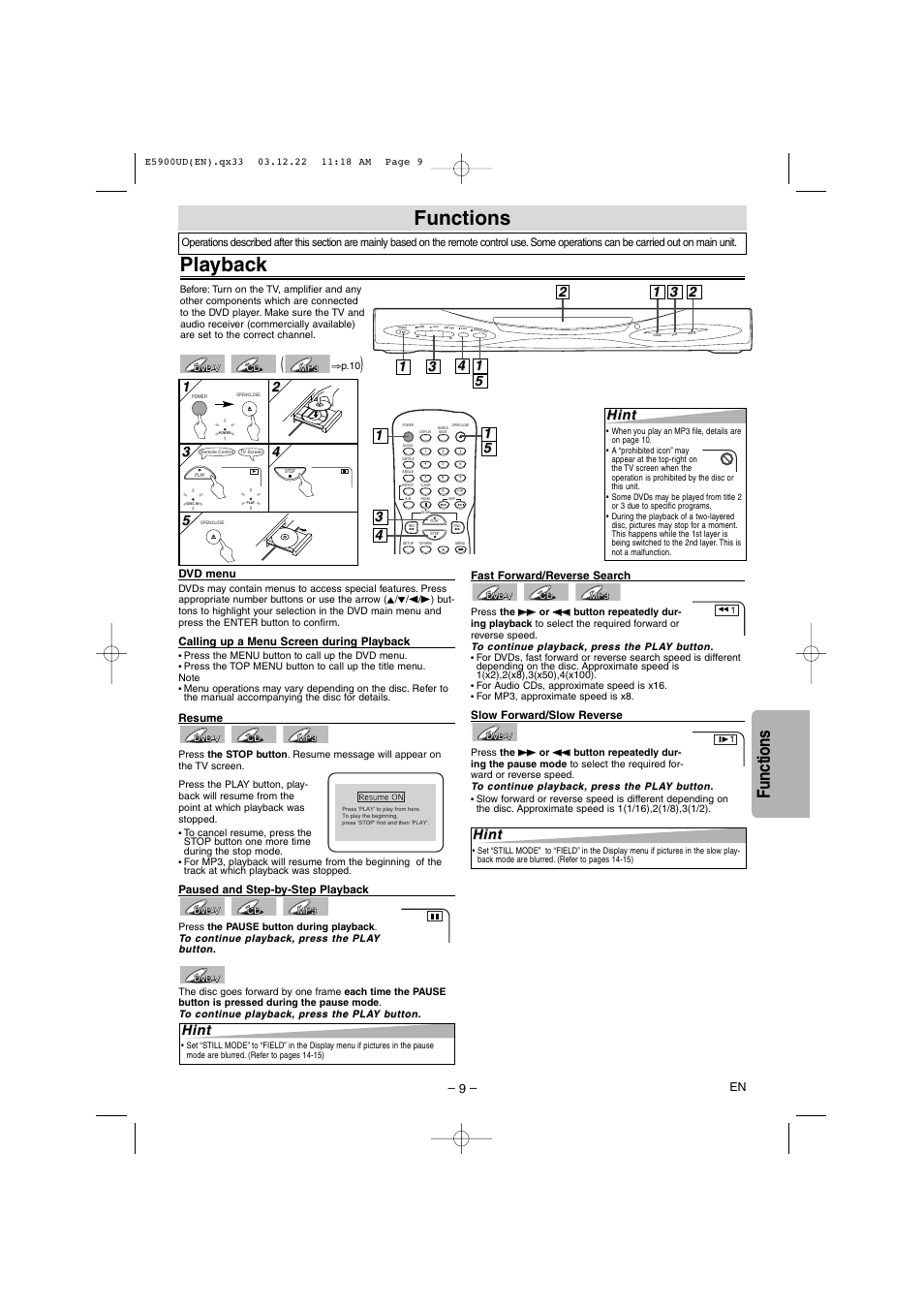 Playback, Functions, Hint | 52 2 hint hint, 1hint hint | Emerson EWD7004 User Manual | Page 9 / 20