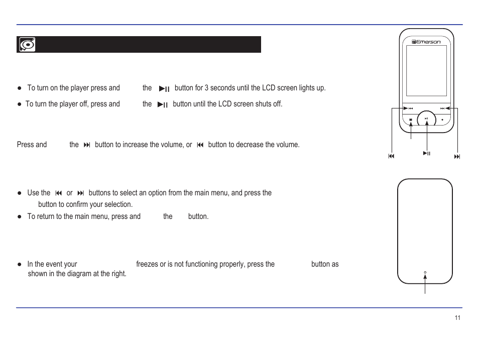 Basic operation, Turning on/off, Adjusting the volume | Selecting main menu or mode, Reset | Emerson EMP414-4 User Manual | Page 14 / 35