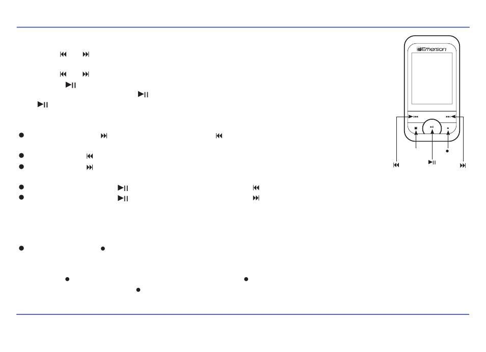 Listening to music music player interface, A-b repeat function, Skipping tracks | Adjusting the volume, Searching backward or forward within a track | Emerson EMP414-4 User Manual | Page 16 / 35