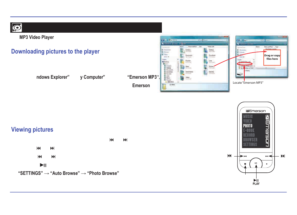 Photo, Downloading pictures to the player, Viewing pictures | Emerson EMP414-4 User Manual | Page 22 / 35