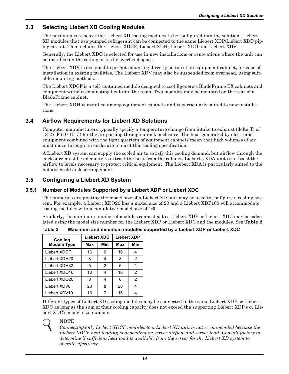 3 selecting liebert xd cooling modules, 4 airflow requirements for liebert xd solutions, 5 configuring a liebert xd system | Selecting liebert xd cooling modules, Airflow requirements for liebert xd solutions, Configuring a liebert xd system, Table 2 | Emerson Liebert Xtreme Density User Manual | Page 20 / 84