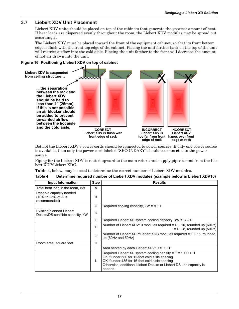 7 liebert xdv unit placement, Liebert xdv unit placement, Table 4 | Emerson Liebert Xtreme Density User Manual | Page 23 / 84