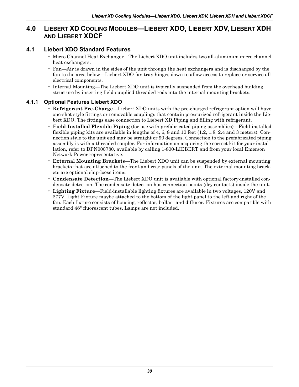 1 liebert xdo standard features, 1 optional features liebert xdo, Iebert | Xd c, Ooling, Odules, Xdo, l, Xdv, l, Xdcf, Liebert xdo standard features | Emerson Liebert Xtreme Density User Manual | Page 36 / 84