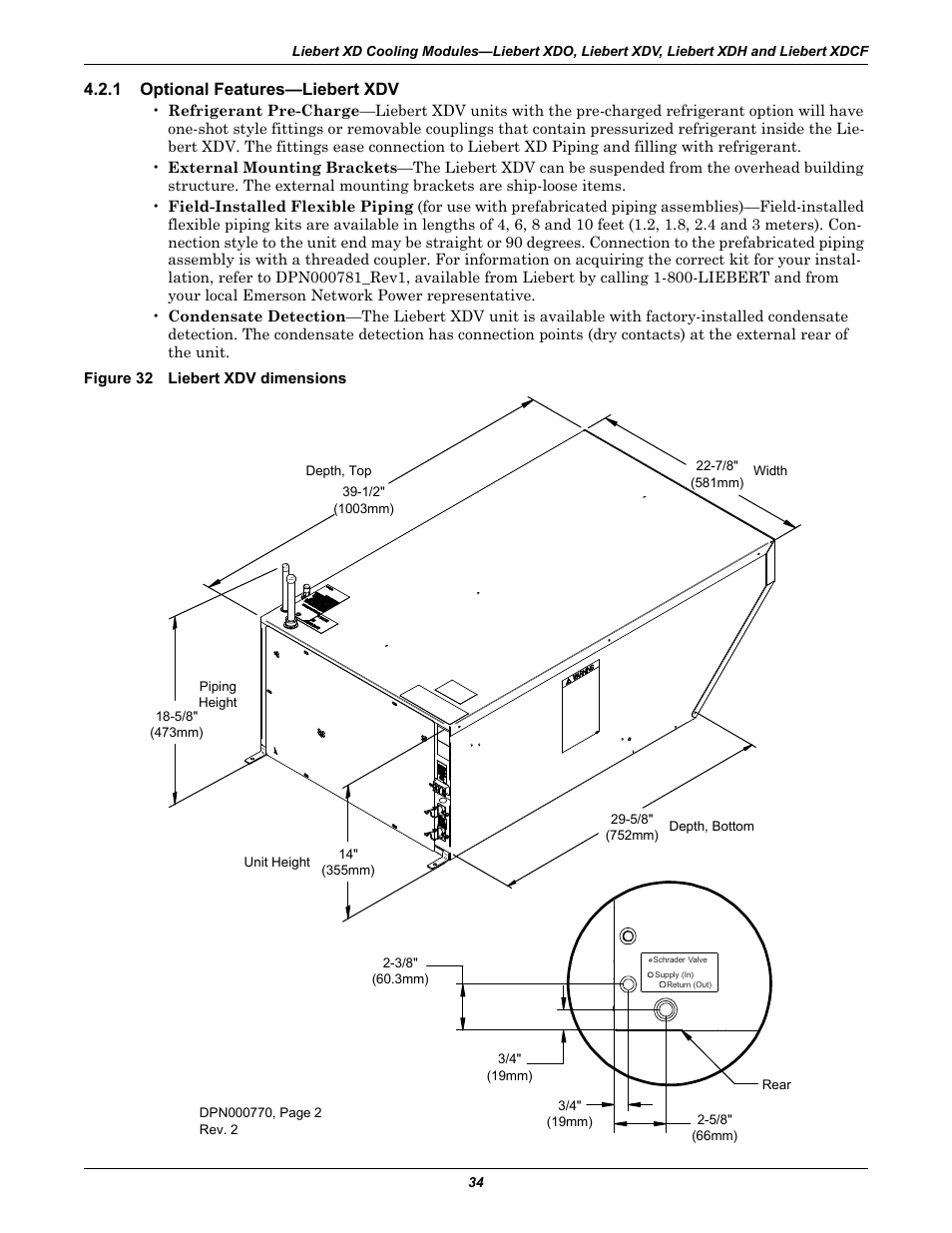 1 optional features—liebert xdv, Figure 32 liebert xdv dimensions, Optional features—liebert xdv | Emerson Liebert Xtreme Density User Manual | Page 40 / 84