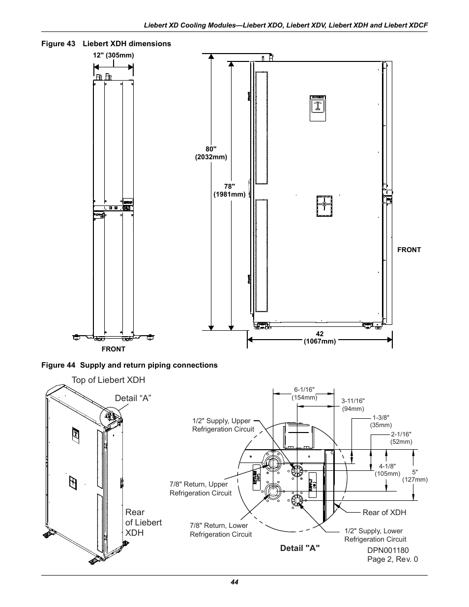 Figure 43 liebert xdh dimensions, Figure 44 supply and return piping connections | Emerson Liebert Xtreme Density User Manual | Page 50 / 84