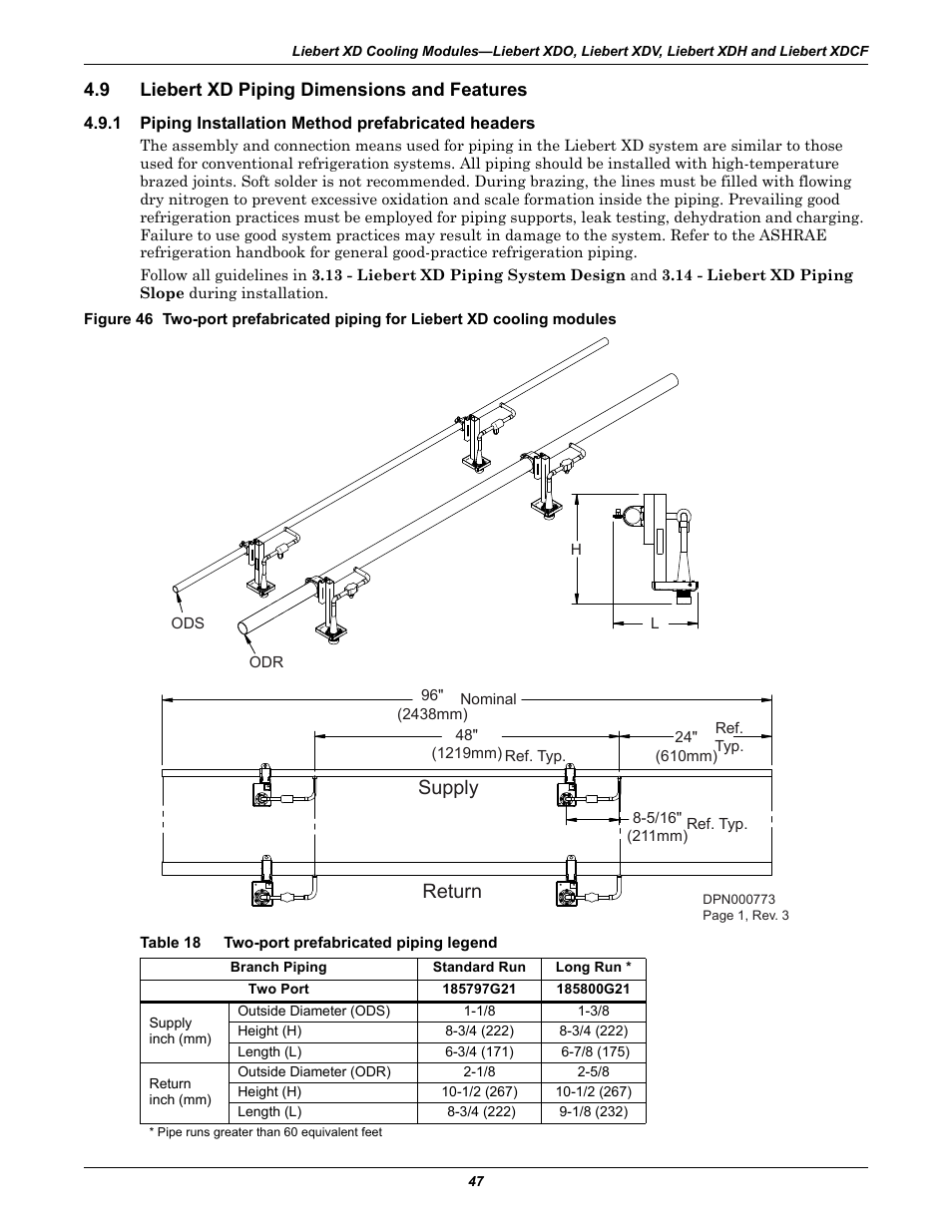 9 liebert xd piping dimensions and features, 1 piping installation method prefabricated headers, Table 18 two-port prefabricated piping legend | Liebert xd piping dimensions and features, Piping installation method prefabricated headers, Table 18, Two-port prefabricated piping legend, Return supply | Emerson Liebert Xtreme Density User Manual | Page 53 / 84