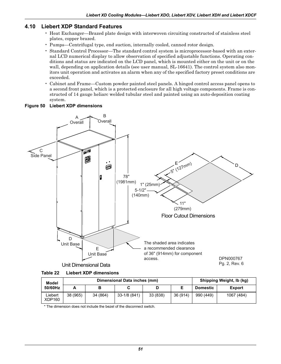 10 liebert xdp standard features, Figure 50 liebert xdp dimensions, Table 22 liebert xdp dimensions | Liebert xdp standard features, Table 22, Liebert xdp dimensions | Emerson Liebert Xtreme Density User Manual | Page 57 / 84