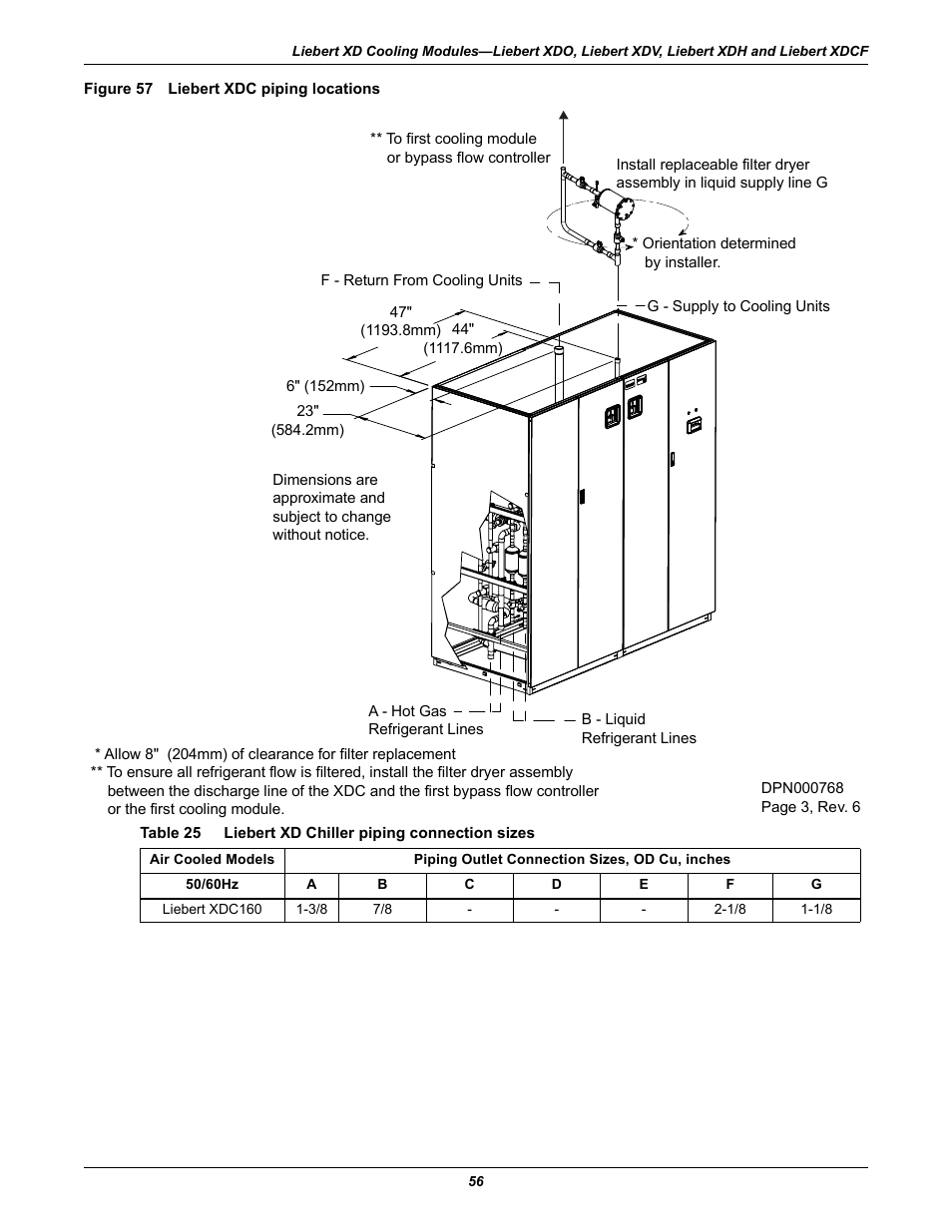 Figure 57 liebert xdc piping locations, Table 25, Liebert xd chiller piping connection sizes | Emerson Liebert Xtreme Density User Manual | Page 62 / 84