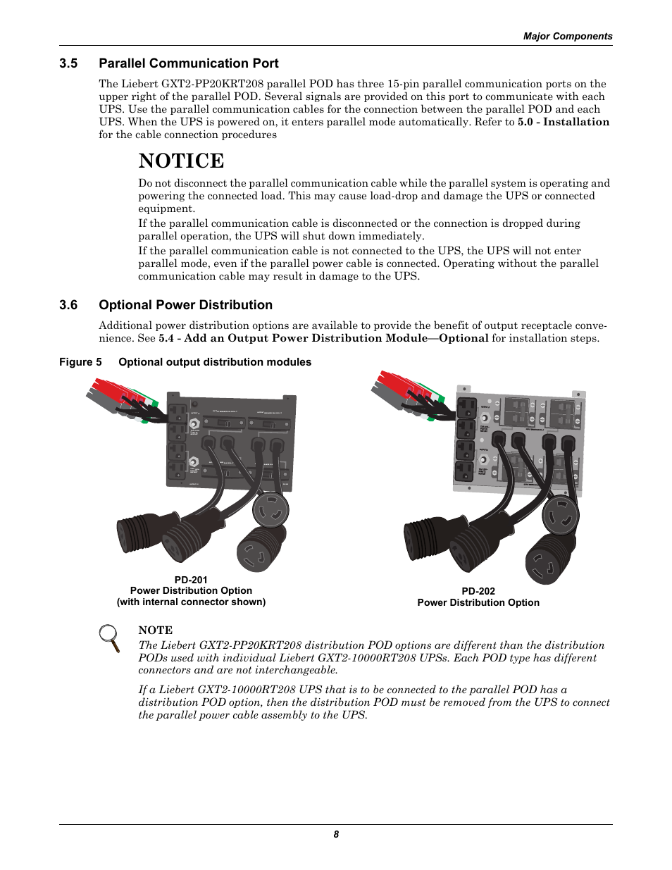 5 parallel communication port, 6 optional power distribution, Figure 5 optional output distribution modules | Parallel communication port, Optional power distribution, Figure 5, Optional output distribution modules, Notice | Emerson GXT2-PP20KRT208 User Manual | Page 12 / 36