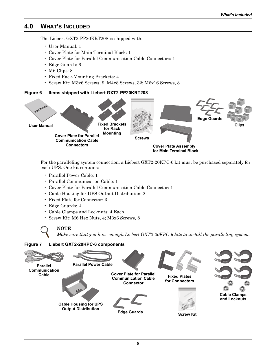 0 what’s included, Figure 7 liebert gxt2-20kpc-6 components, Ncluded | Figure 6, Items shipped with liebert gxt2-pp20krt208, Figure 7, Liebert gxt2-20kpc-6 components | Emerson GXT2-PP20KRT208 User Manual | Page 13 / 36