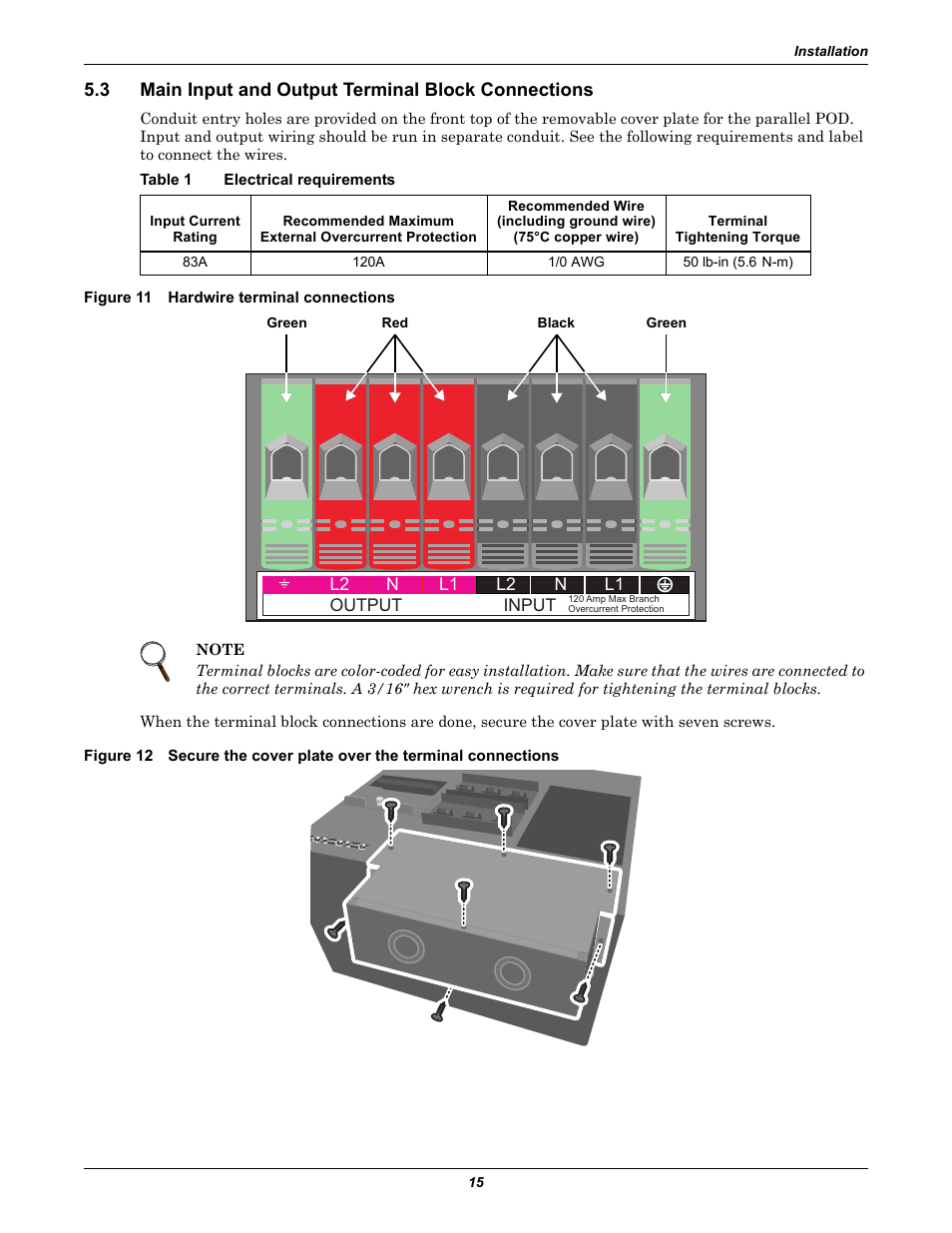3 main input and output terminal block connections, Table 1 electrical requirements, Figure 11 hardwire terminal connections | Main input and output terminal block connections, Electrical requirements | Emerson GXT2-PP20KRT208 User Manual | Page 19 / 36