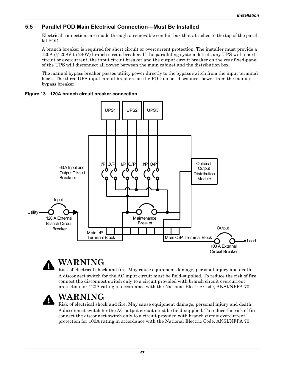 Figure 13 120a branch circuit breaker connection, Warning | Emerson GXT2-PP20KRT208 User Manual | Page 21 / 36