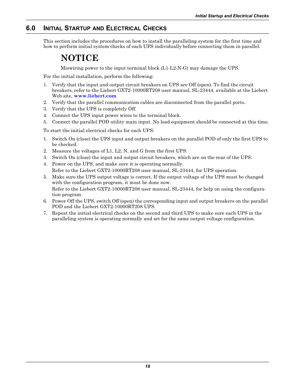 0 initial startup and electrical checks, Nitial, Tartup | Lectrical, Hecks, Notice | Emerson GXT2-PP20KRT208 User Manual | Page 22 / 36