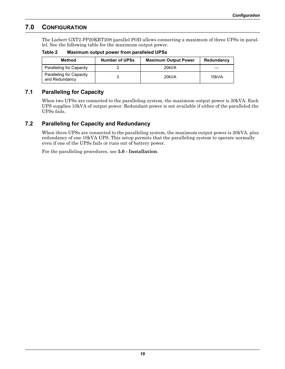 0 configuration, Table 2 maximum output power from paralleled upss, 1 paralleling for capacity | 2 paralleling for capacity and redundancy, Onfiguration, Paralleling for capacity, Paralleling for capacity and redundancy, Table 2, Maximum output power from paralleled upss | Emerson GXT2-PP20KRT208 User Manual | Page 23 / 36