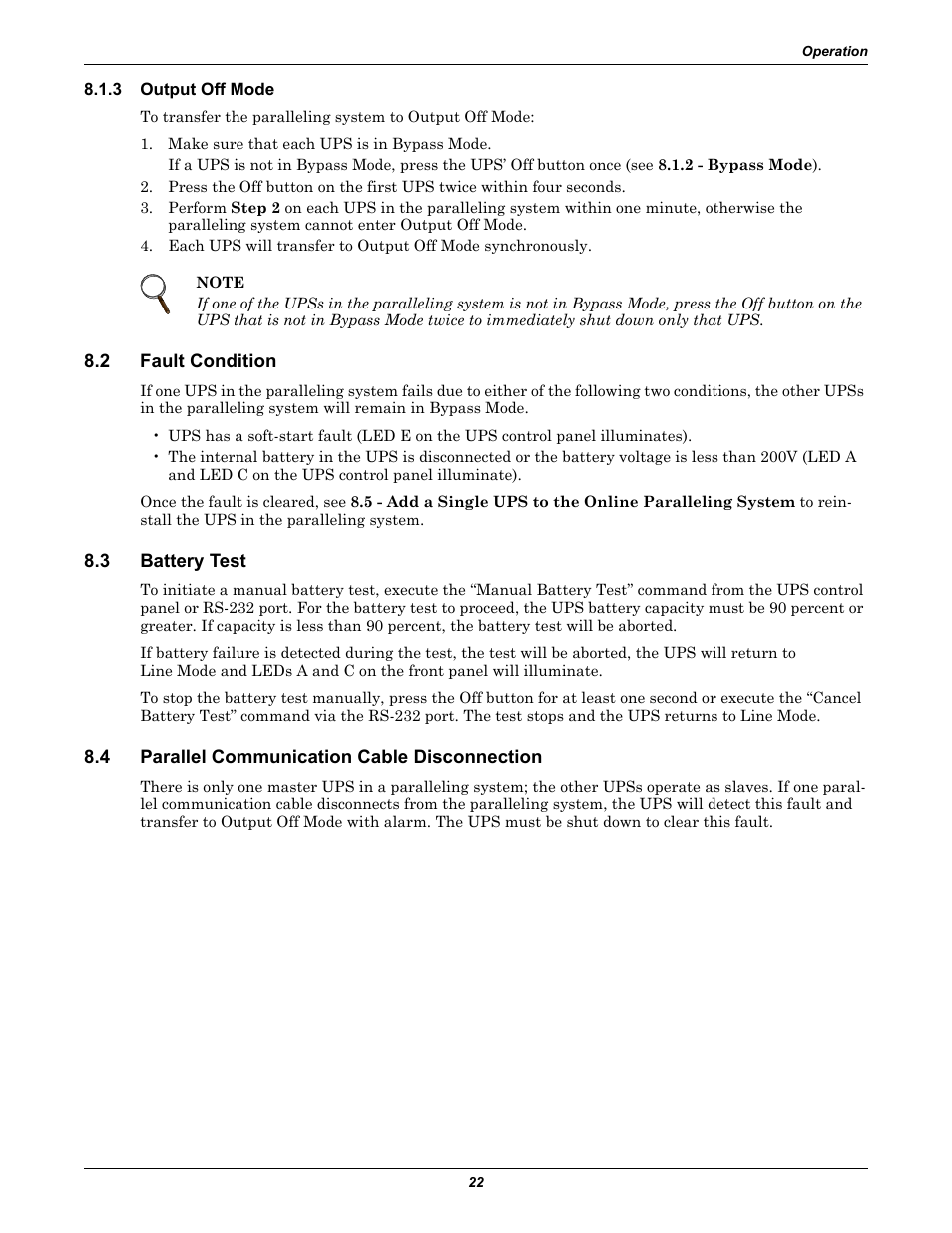 3 output off mode, 2 fault condition, 3 battery test | 4 parallel communication cable disconnection, Output off mode, Fault condition, Battery test, Parallel communication cable disconnection | Emerson GXT2-PP20KRT208 User Manual | Page 26 / 36