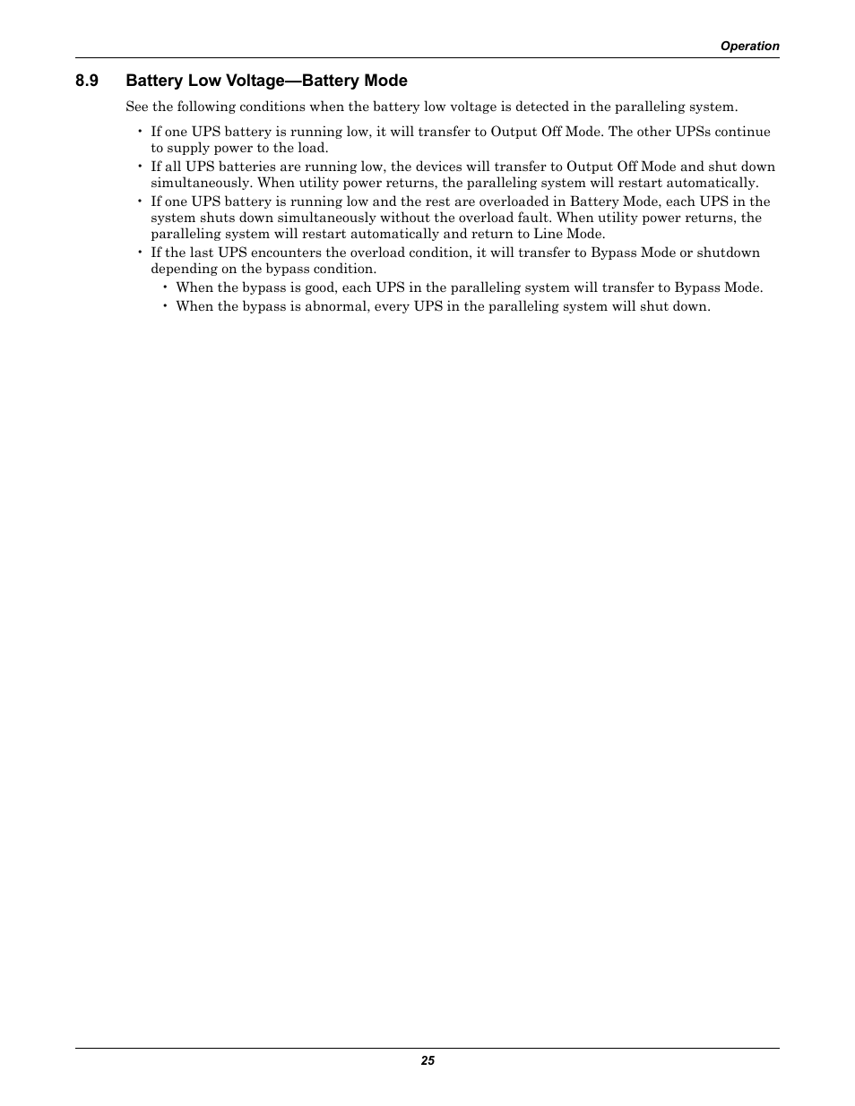 9 battery low voltage-battery mode, Battery low voltage—battery mode | Emerson GXT2-PP20KRT208 User Manual | Page 29 / 36