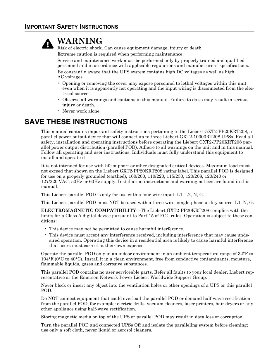 Important safety instructions, Save these instructions, Mportant | Afety, Nstructions, Warning | Emerson GXT2-PP20KRT208 User Manual | Page 5 / 36
