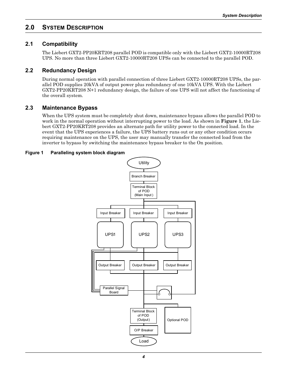 0 system description, 1 compatibility, 2 redundancy design | 3 maintenance bypass, Figure 1 paralleling system block diagram, Ystem, Escription, Compatibility, Redundancy design, Maintenance bypass | Emerson GXT2-PP20KRT208 User Manual | Page 8 / 36