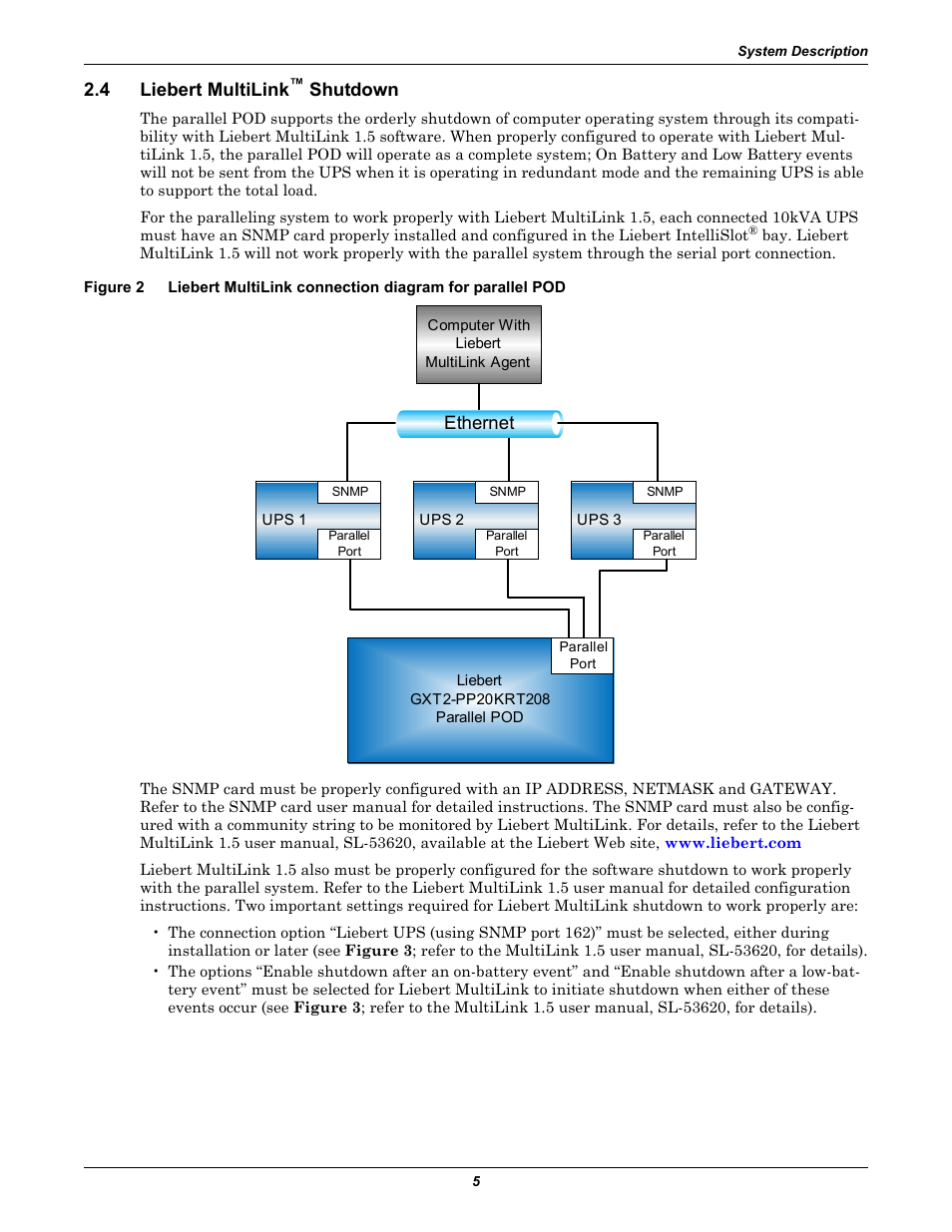 4 liebert multilink™ shutdown, Liebert multilink, Figure 2 | 4 liebert multilink, Shutdown, Ethernet | Emerson GXT2-PP20KRT208 User Manual | Page 9 / 36