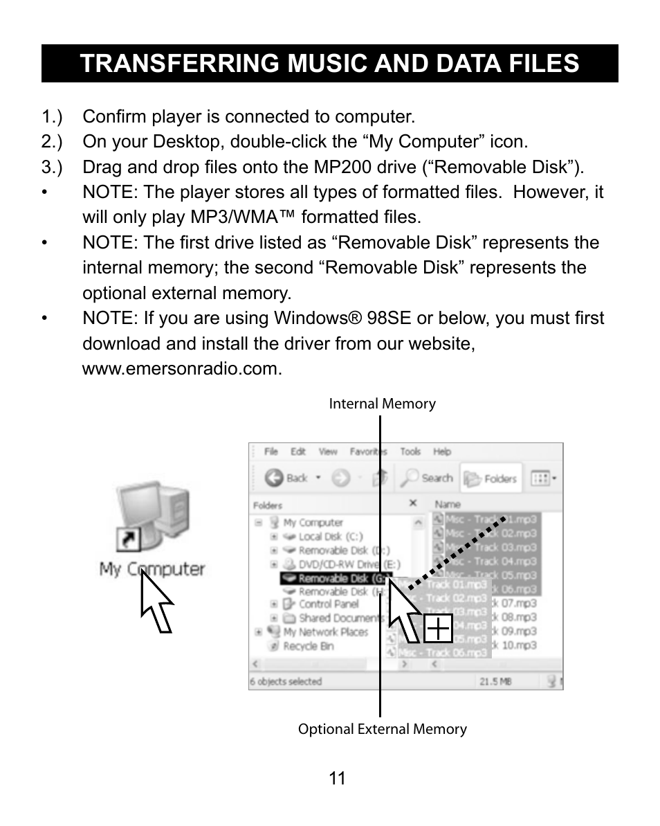 Transferring music and data files | Emerson Radio MP200 User Manual | Page 11 / 24