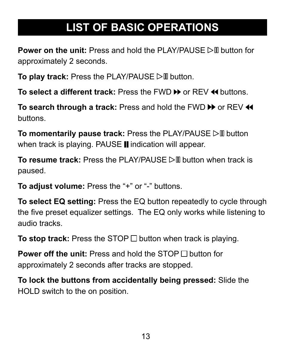 List of basic operations | Emerson Radio MP200 User Manual | Page 13 / 24