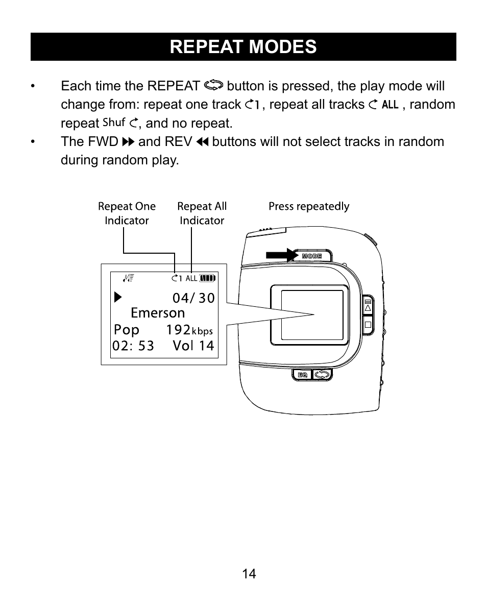 Repeat modes | Emerson Radio MP200 User Manual | Page 14 / 24