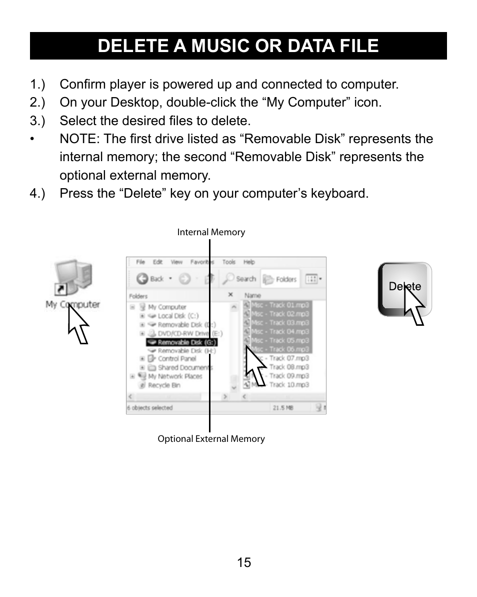 Delete a music or data file | Emerson Radio MP200 User Manual | Page 15 / 24