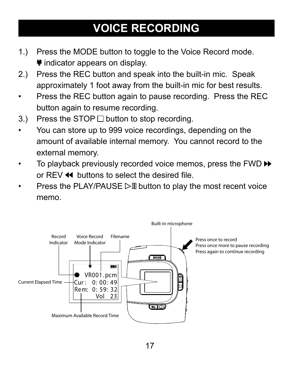 Voice recording | Emerson Radio MP200 User Manual | Page 17 / 24