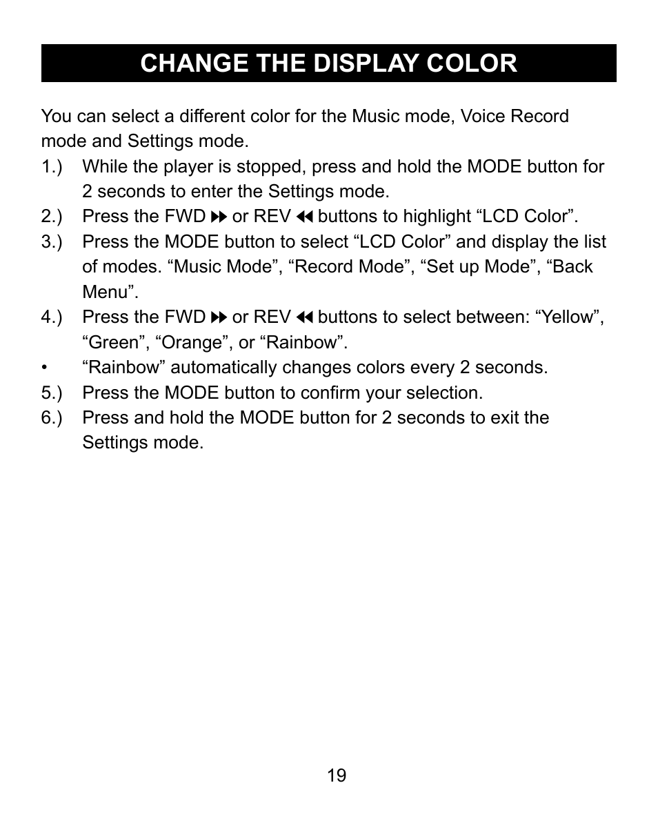 Change the display color | Emerson Radio MP200 User Manual | Page 19 / 24