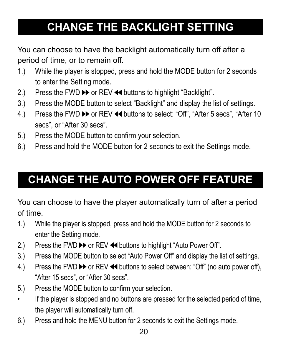 Change the backlight setting, Change the auto power off feature | Emerson Radio MP200 User Manual | Page 20 / 24