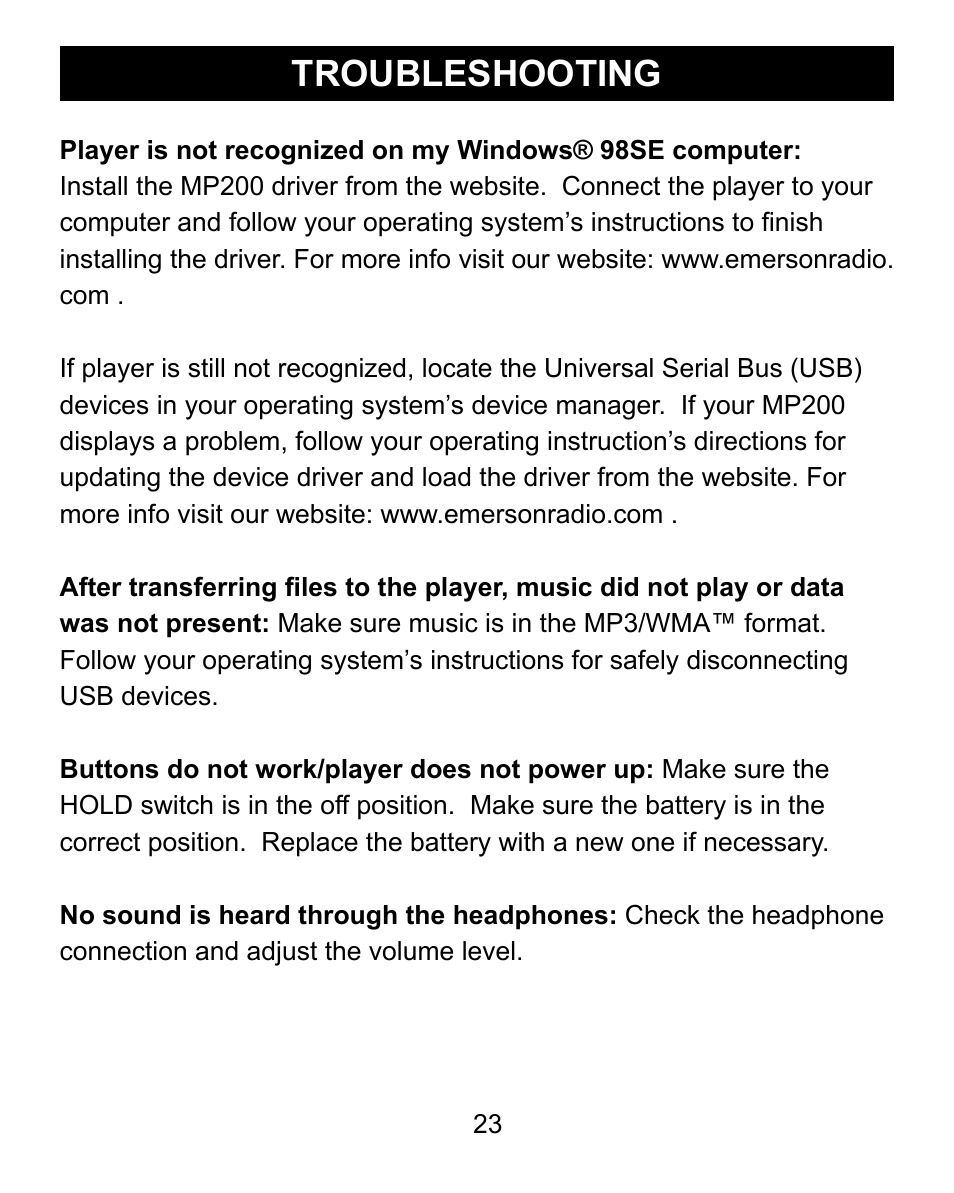 Troubleshooting | Emerson Radio MP200 User Manual | Page 23 / 24
