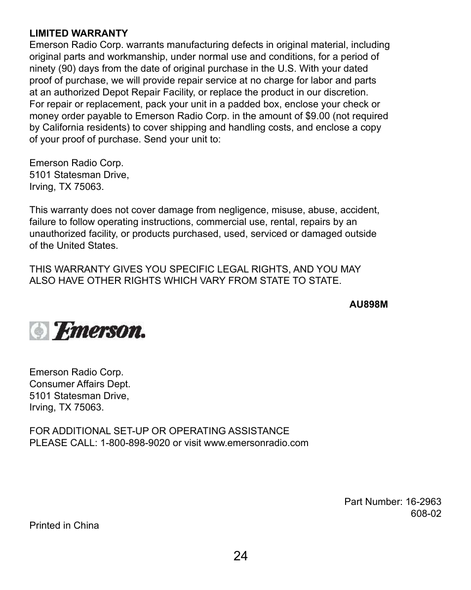 Emerson Radio MP200 User Manual | Page 24 / 24