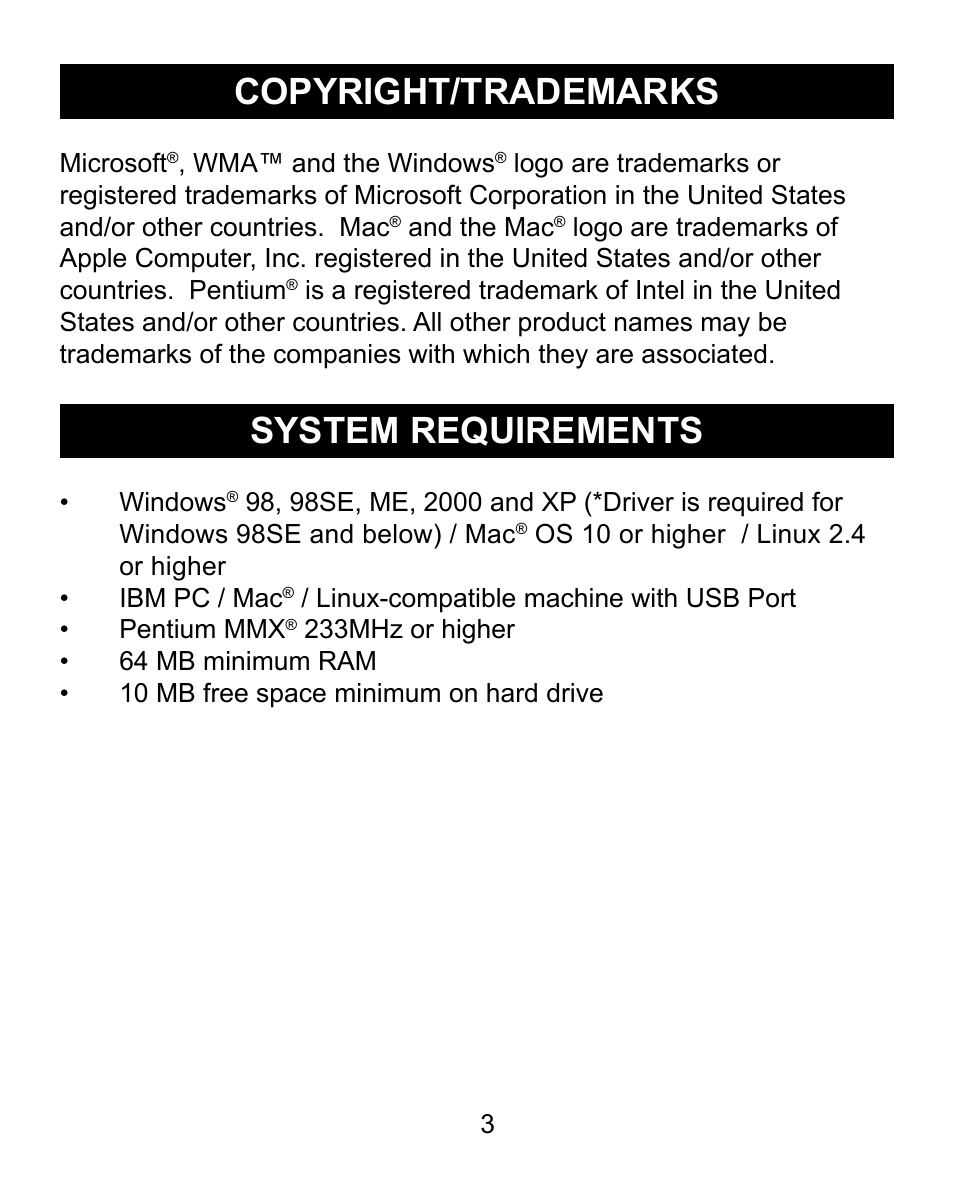 Copyright/trademarks, System requirements | Emerson Radio MP200 User Manual | Page 3 / 24