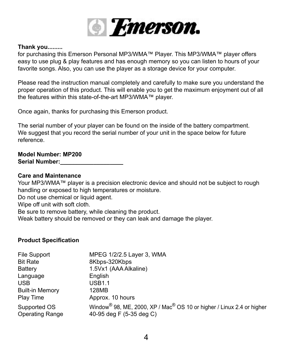 Emerson Radio MP200 User Manual | Page 4 / 24