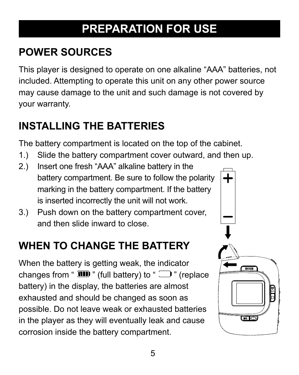 Preparation for use, Power sources, Installing the batteries | When to change the battery | Emerson Radio MP200 User Manual | Page 5 / 24