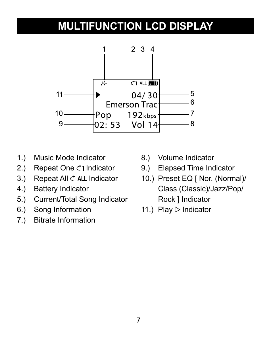 Multifunction lcd display | Emerson Radio MP200 User Manual | Page 7 / 24