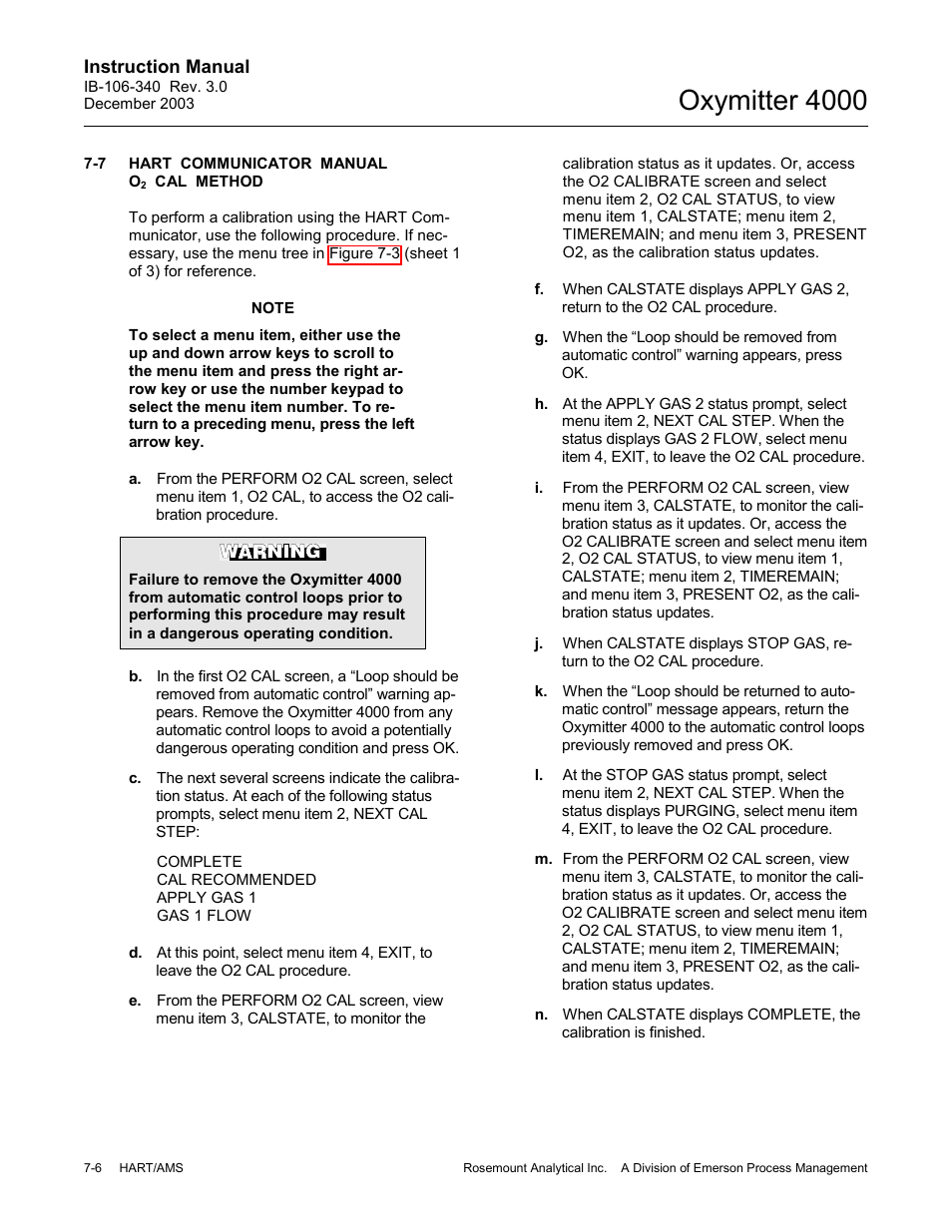 Hart communicator manual o, Cal method -6, Oxymitter 4000 | Emerson OXYMITTER 4000 User Manual | Page 102 / 172