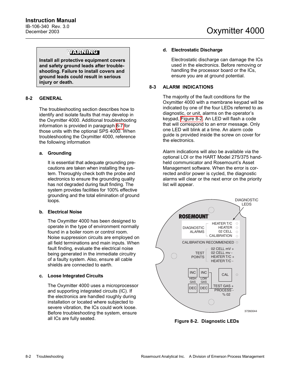 General -2, Alarm indications -2, Figure 8-2. diagnostic leds -2 | Oxymitter 4000, Instruction manual | Emerson OXYMITTER 4000 User Manual | Page 106 / 172
