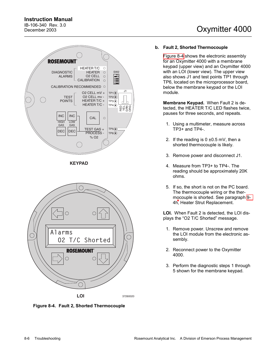 Figure 8-4. fault 2, shorted thermocouple -6, Oxymitter 4000, Alarms o2 t/c shorted | Instruction manual | Emerson OXYMITTER 4000 User Manual | Page 110 / 172