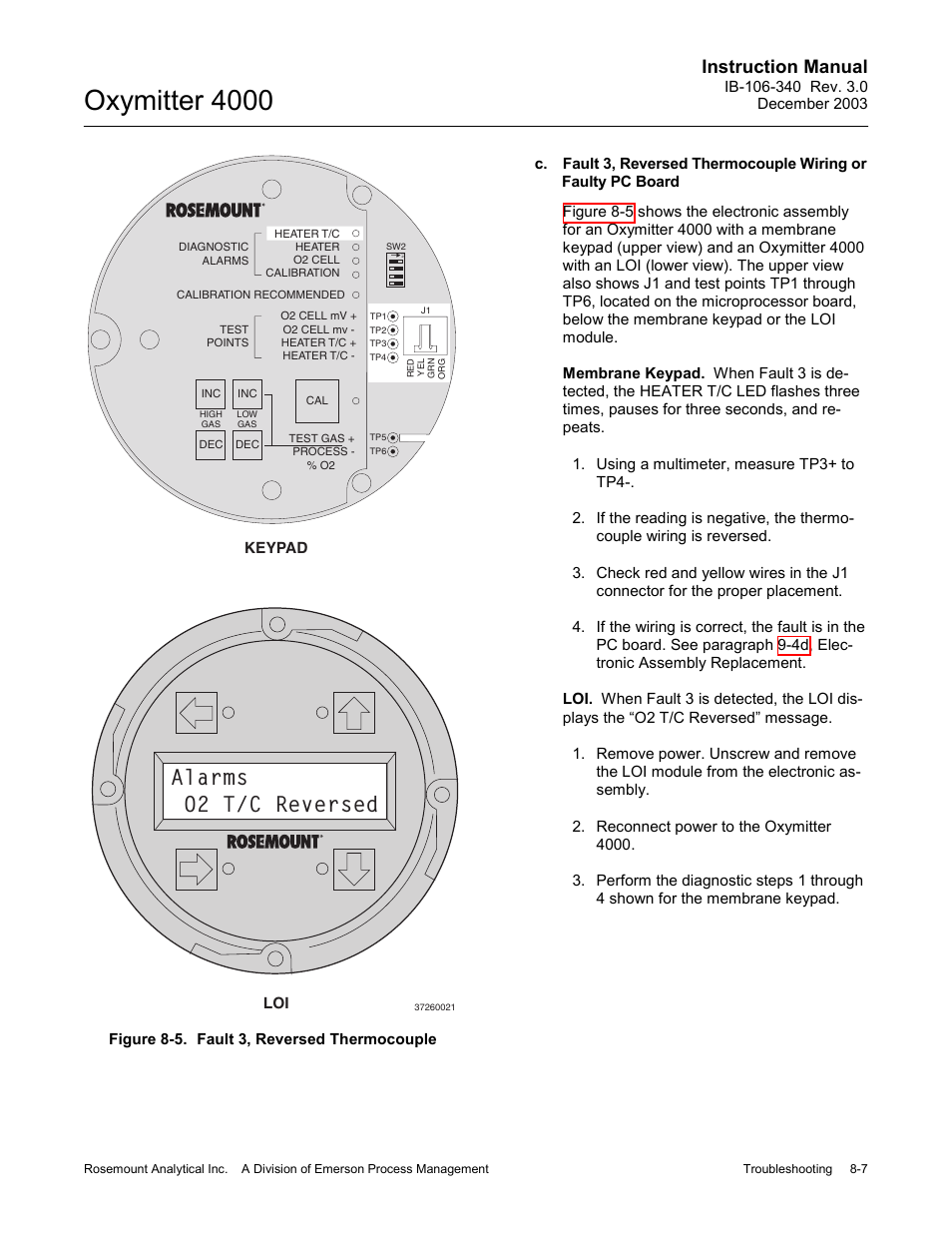 Figure 8-5. fault 3, reversed thermocouple -7, Oxymitter 4000, Alarms o2 t/c reversed | Instruction manual | Emerson OXYMITTER 4000 User Manual | Page 111 / 172