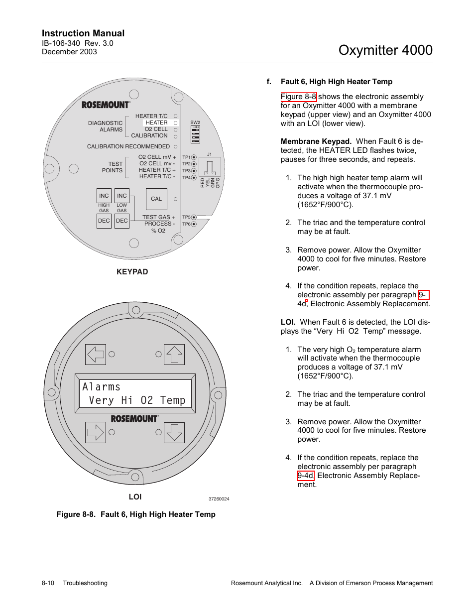 Figure 8-8. fault 6, high high heater temp -10, Oxymitter 4000, Alarms very hi o2 temp | Instruction manual | Emerson OXYMITTER 4000 User Manual | Page 114 / 172