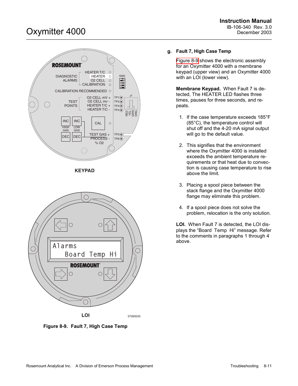 Figure 8-9. fault 7, high case temp -11, Oxymitter 4000, Alarms board temp hi | Instruction manual | Emerson OXYMITTER 4000 User Manual | Page 115 / 172