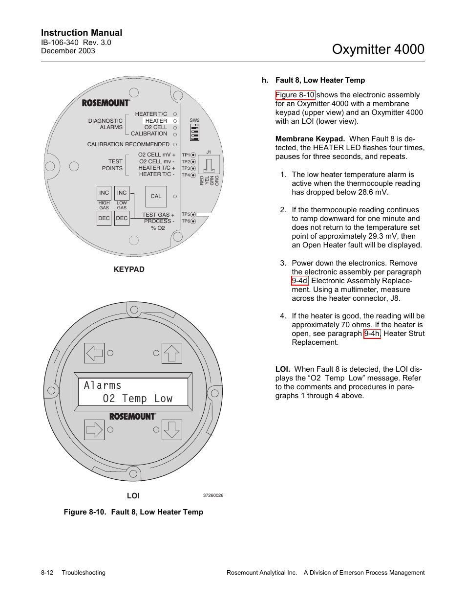 Figure 8-10. fault 8, low heater temp -12, Oxymitter 4000, Alarms o2 temp low | Instruction manual | Emerson OXYMITTER 4000 User Manual | Page 116 / 172