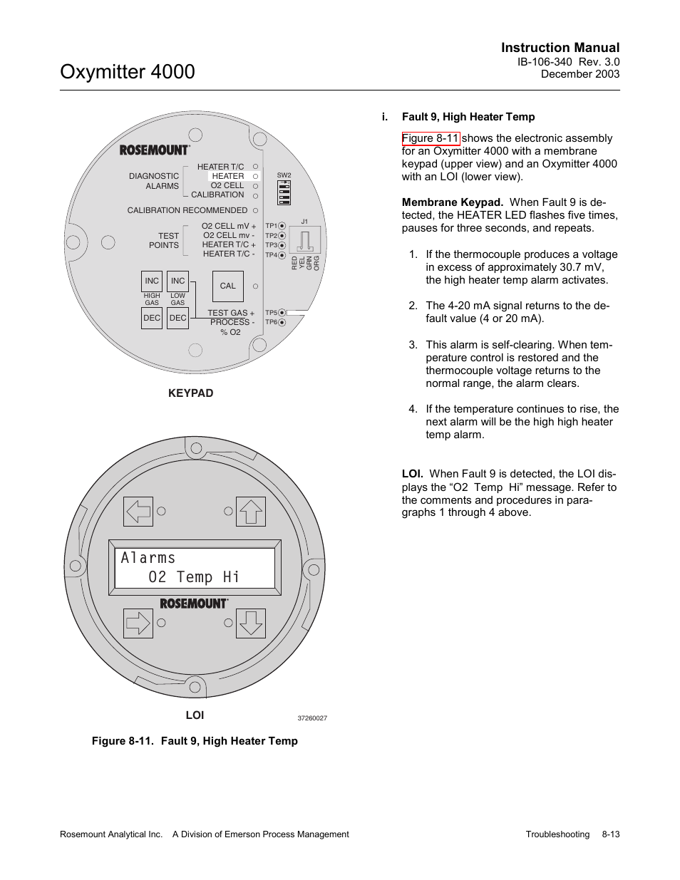 Figure 8-11. fault 9, high heater temp -13, Oxymitter 4000, Alarms o2 temp hi | Instruction manual | Emerson OXYMITTER 4000 User Manual | Page 117 / 172