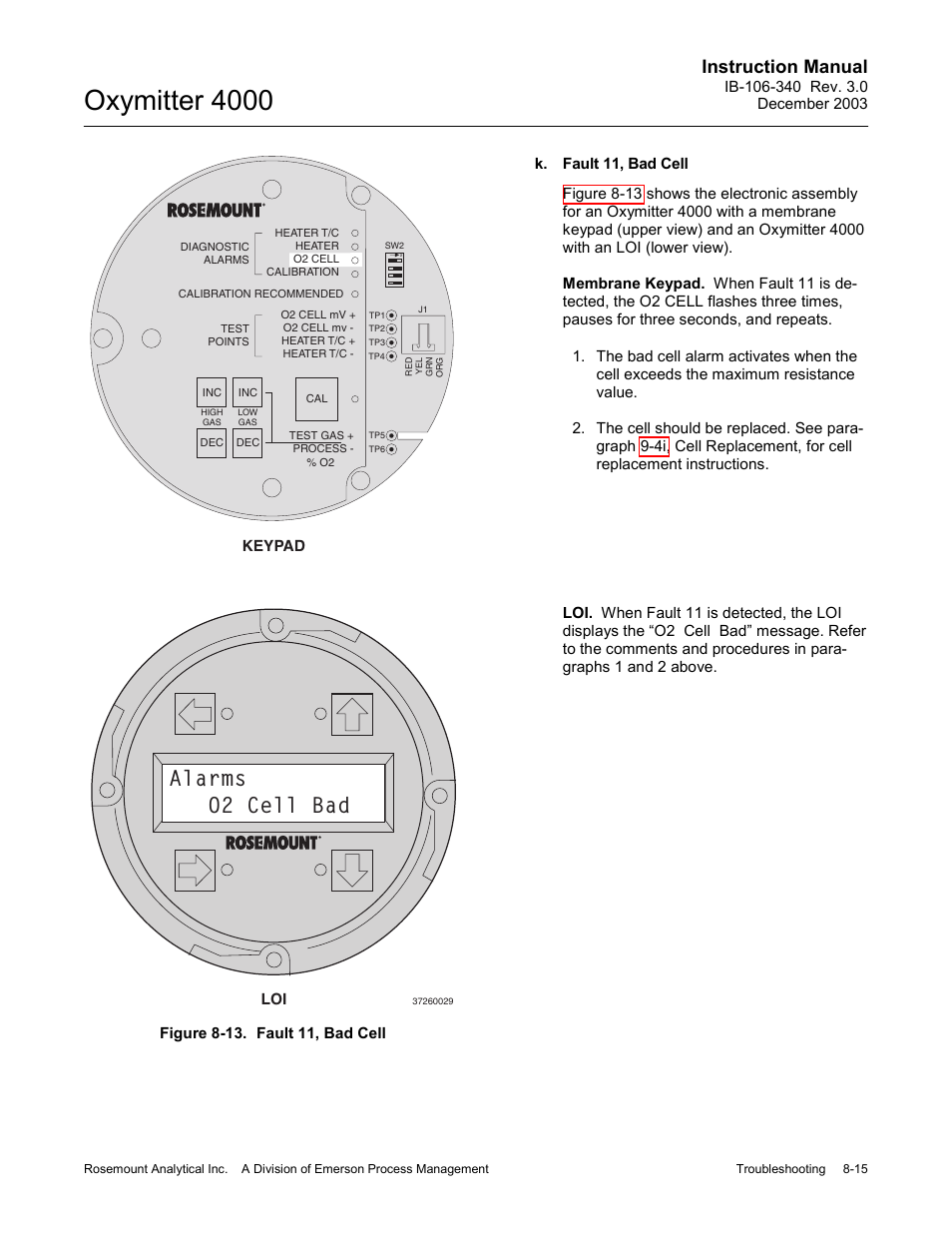 Figure 8-13. fault 11, bad cell -15, Oxymitter 4000, Alarms o2 cell bad | Instruction manual | Emerson OXYMITTER 4000 User Manual | Page 119 / 172